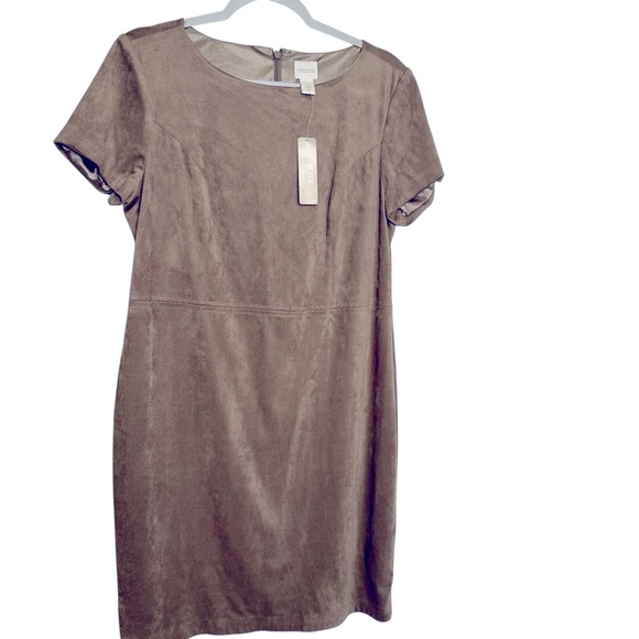 Chico's Tan Midi Sheath Dress Crew Neck Short Sleeve Chicos 1 NWT - Picture 9 of 9